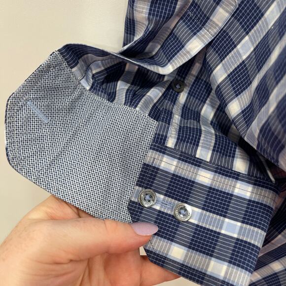 Bugatchi Uomo Shirt XXL Blue Plaid Check Long Sleeve Cotton Casual Dress Shirt - Picture 6 of 16